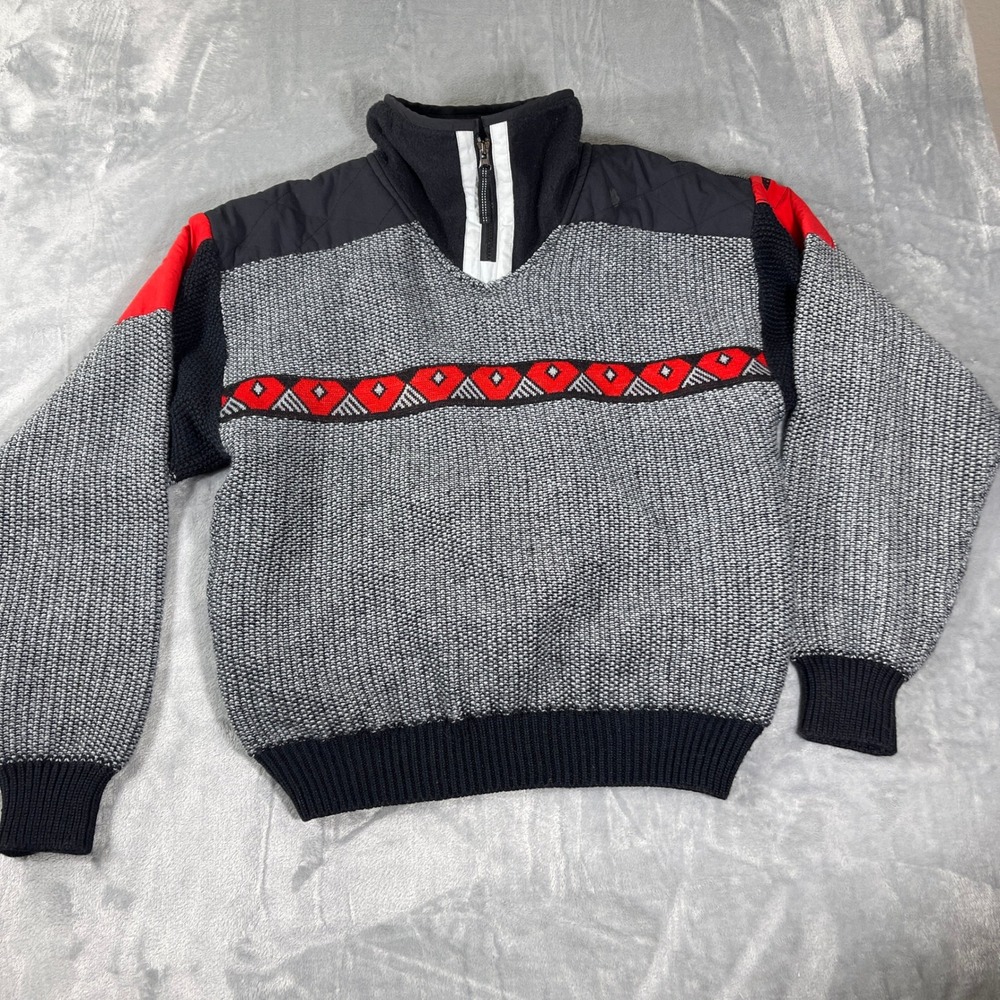 Obermeyer‎ Vintage Mens Sweater Size M Gray Red Geometric Quarter Zip Ski